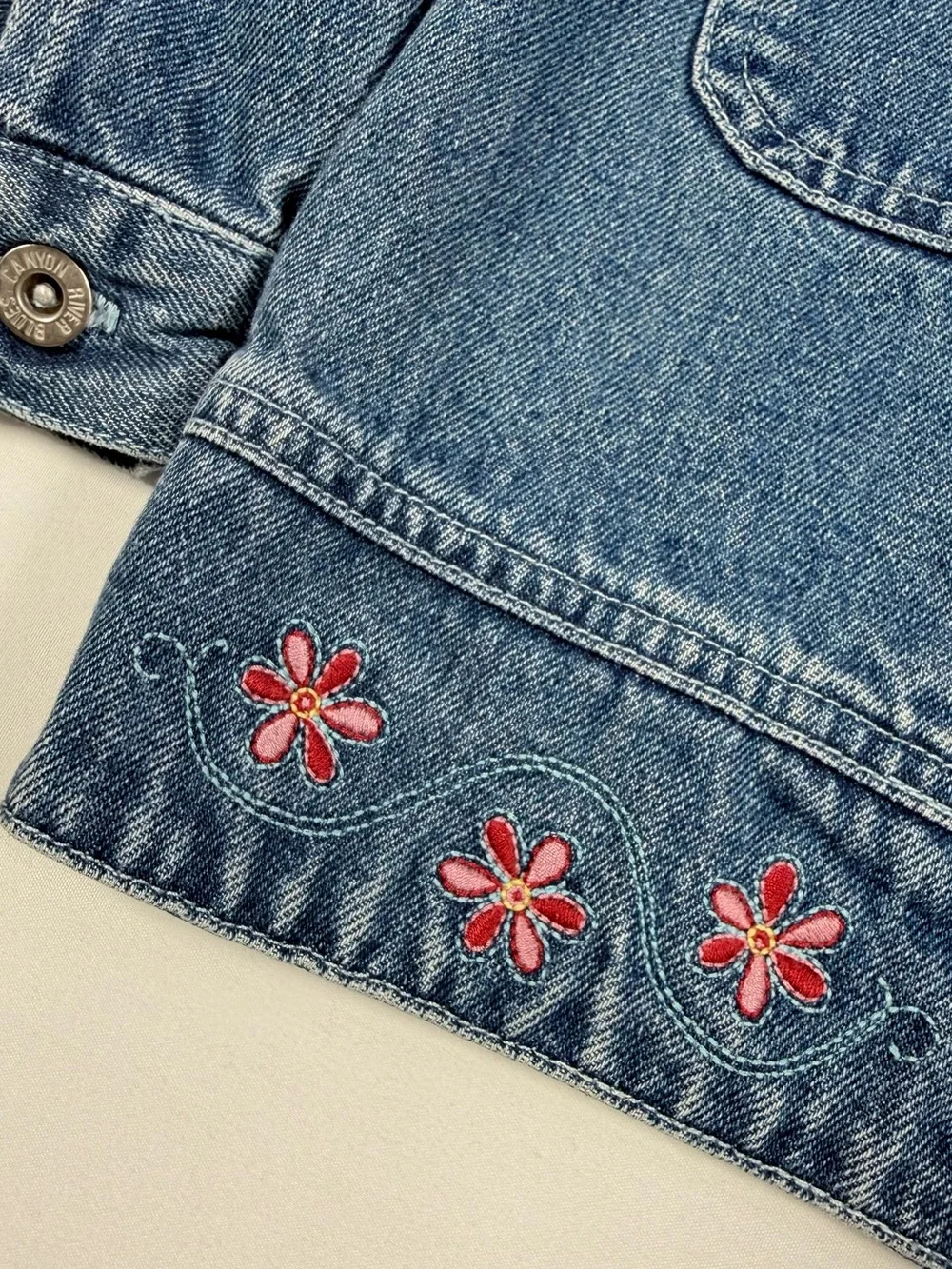 VINTAGE CANYON RIVER BLUES Denim Jacket 18M Y2K Embroidered Floral Zip‎ Up Retro